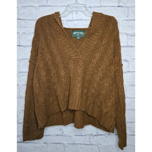 American Eagle cable knit brown v-neck hoodie sweater fall winter Medium.